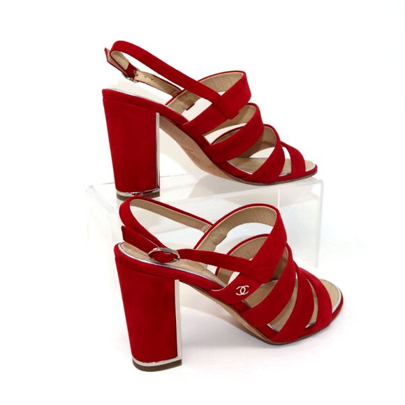 CHANEL 38 Red Suede Multi Strap CC Sandal High Heel Silver Logo & Trim - Picture 3 of 15